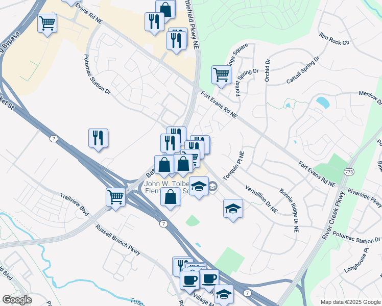map of restaurants, bars, coffee shops, grocery stores, and more near 673 Potomac Station Drive in Leesburg