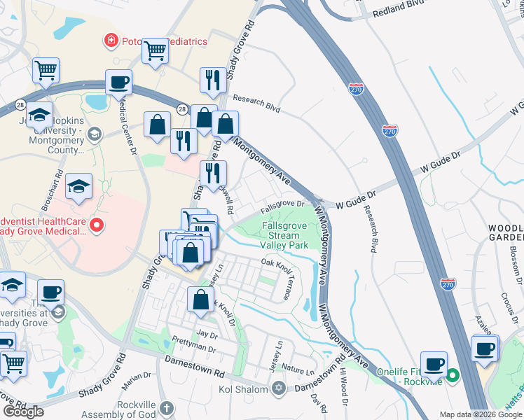 map of restaurants, bars, coffee shops, grocery stores, and more near 719 Fallsgrove Drive in Rockville