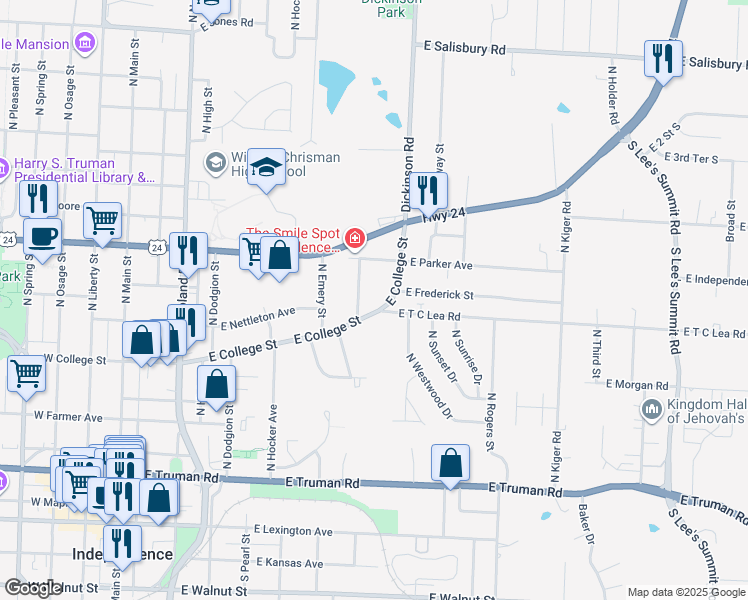 map of restaurants, bars, coffee shops, grocery stores, and more near 801 East College Street in Independence