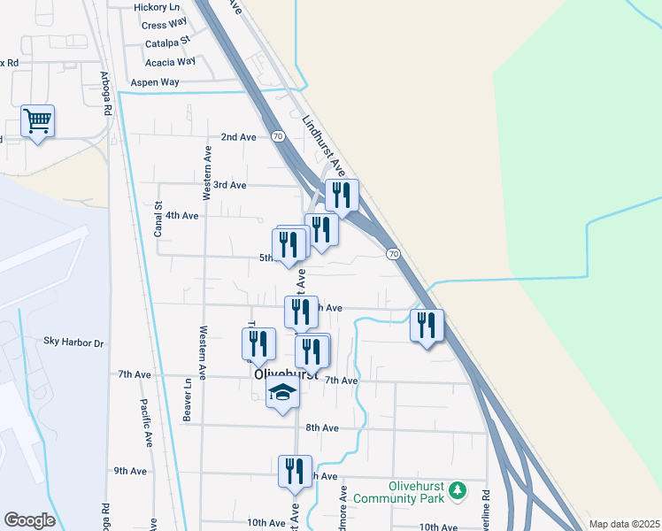 map of restaurants, bars, coffee shops, grocery stores, and more near 5017 Olivehurst Ave in Olivehurst