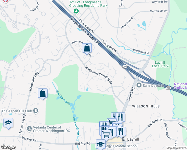 map of restaurants, bars, coffee shops, grocery stores, and more near 14843 Hammersmith Circle in Silver Spring
