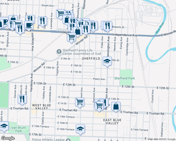 map of restaurants, bars, coffee shops, grocery stores, and more near 6219 East 11 Street in Kansas City