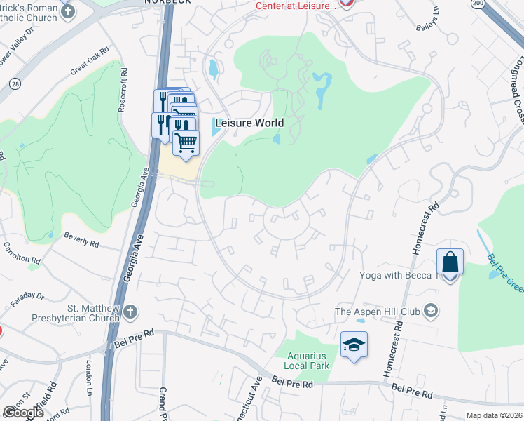 map of restaurants, bars, coffee shops, grocery stores, and more near 3576 Chiswick Court in Silver Spring
