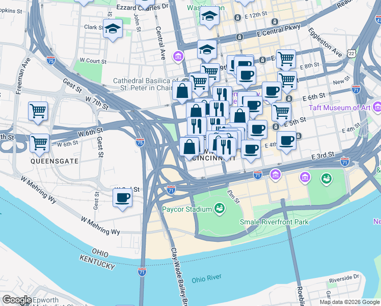 map of restaurants, bars, coffee shops, grocery stores, and more near 713 West 4th Street in Cincinnati