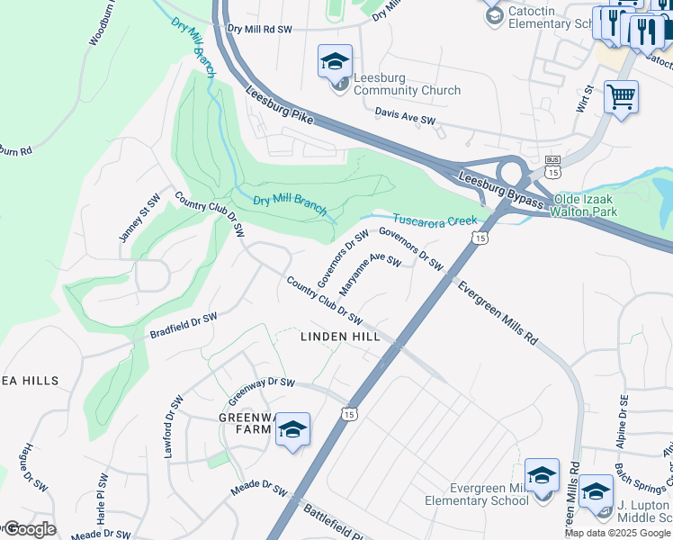 map of restaurants, bars, coffee shops, grocery stores, and more near 139 Governors Drive Southwest in Leesburg
