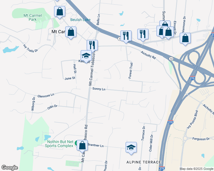 map of restaurants, bars, coffee shops, grocery stores, and more near 565 Sonny Lane in Cincinnati