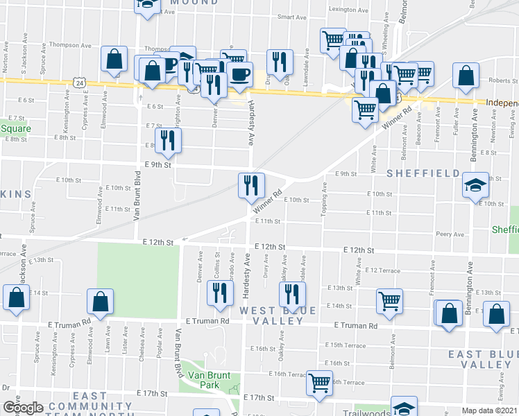 map of restaurants, bars, coffee shops, grocery stores, and more near 5431 Winner Road in Kansas City