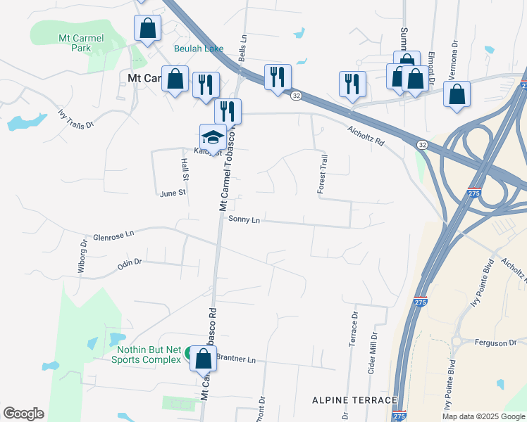 map of restaurants, bars, coffee shops, grocery stores, and more near 565 Sonny Lane in Cincinnati