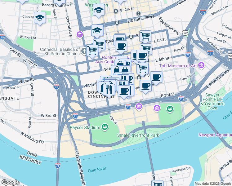 map of restaurants, bars, coffee shops, grocery stores, and more near 321 Race Street in Cincinnati
