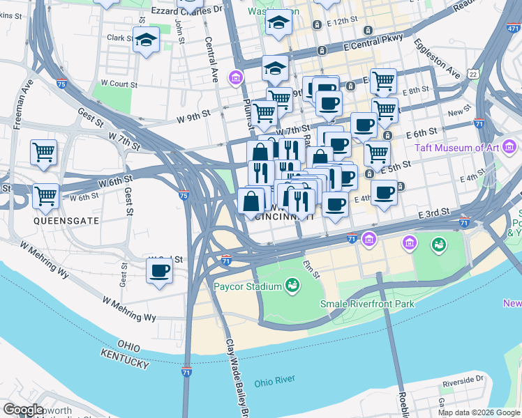 map of restaurants, bars, coffee shops, grocery stores, and more near 305 West 4th Street in Cincinnati