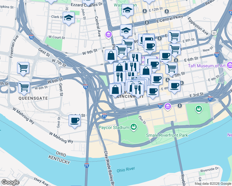 map of restaurants, bars, coffee shops, grocery stores, and more near 713 West 4th Street in Cincinnati