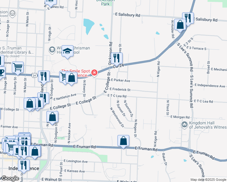 map of restaurants, bars, coffee shops, grocery stores, and more near 724 North Sunset Drive in Independence