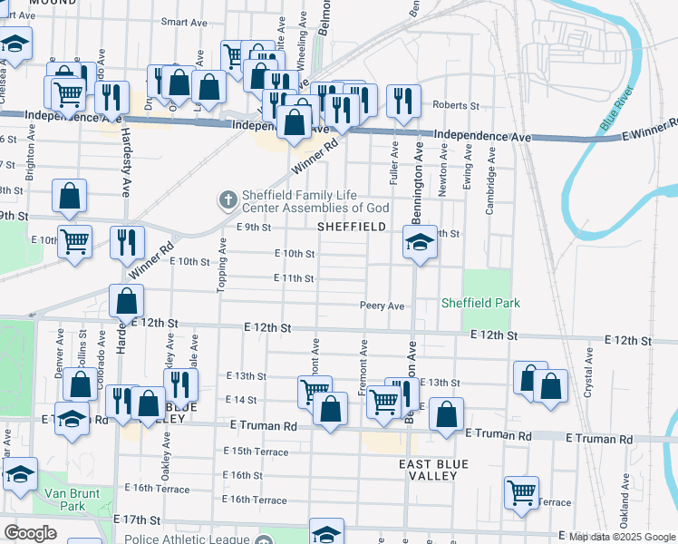 map of restaurants, bars, coffee shops, grocery stores, and more near 6219 East 11 Street in Kansas City
