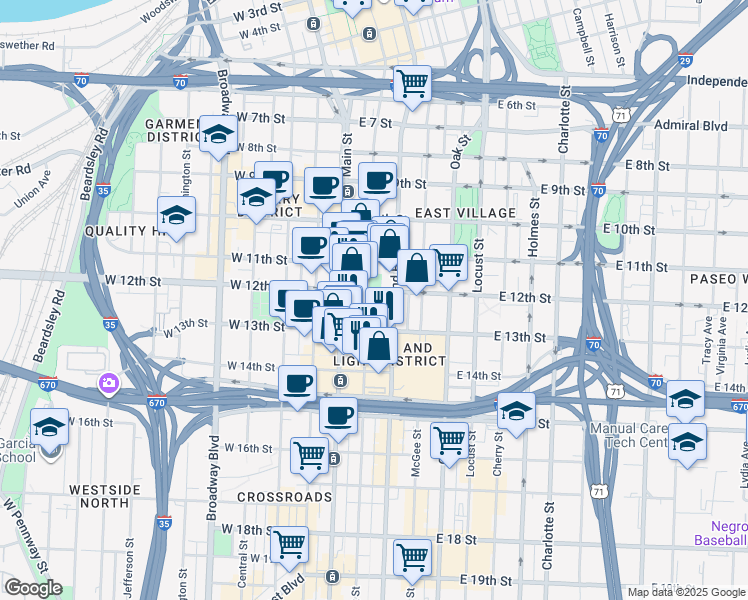 map of restaurants, bars, coffee shops, grocery stores, and more near 10 East 13th Street in Kansas City