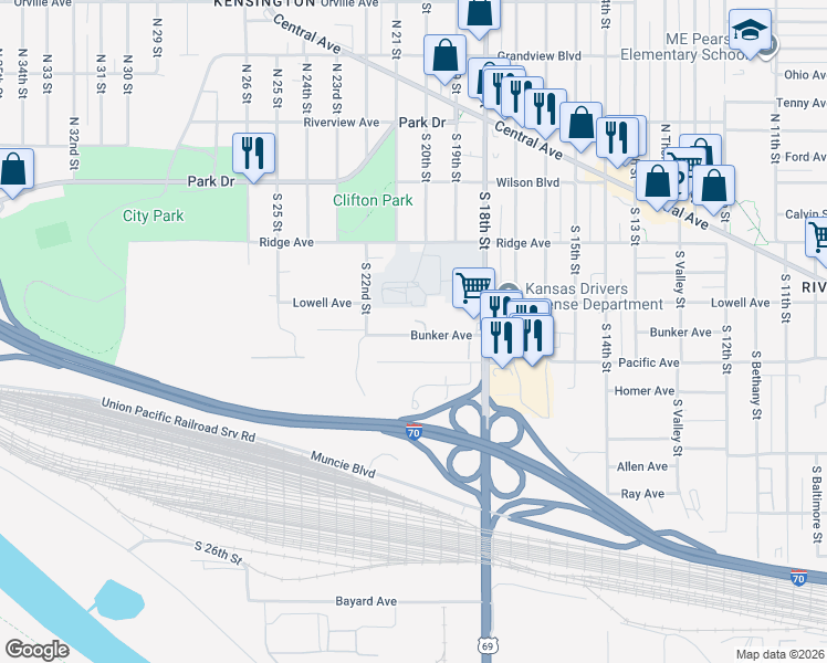 map of restaurants, bars, coffee shops, grocery stores, and more near 1844 Pacific Avenue in Kansas City