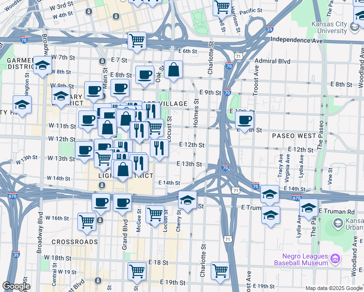 map of restaurants, bars, coffee shops, grocery stores, and more near 601 East 12 Street in Kansas City