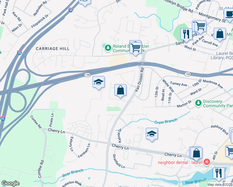 map of restaurants, bars, coffee shops, grocery stores, and more near 7687 East Arbory Court in Laurel