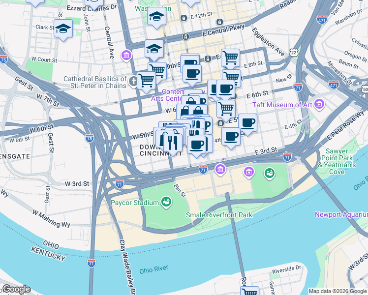 map of restaurants, bars, coffee shops, grocery stores, and more near 321 Race Street in Cincinnati
