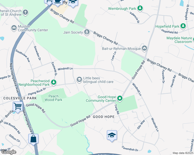 map of restaurants, bars, coffee shops, grocery stores, and more near 14820 Windmill Terrace in Silver Spring