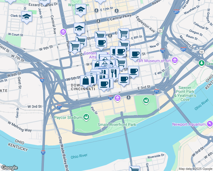 map of restaurants, bars, coffee shops, grocery stores, and more near 309 Vine Street in Cincinnati