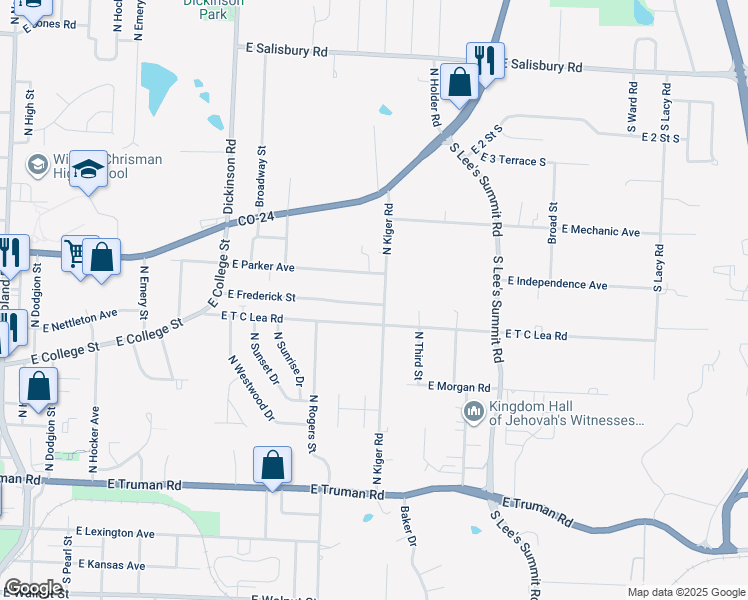 map of restaurants, bars, coffee shops, grocery stores, and more near 920 North Kiger Road in Independence