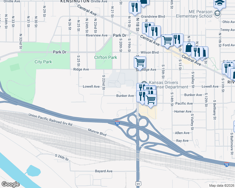 map of restaurants, bars, coffee shops, grocery stores, and more near 1844 Pacific Avenue in Kansas City