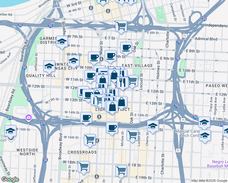 map of restaurants, bars, coffee shops, grocery stores, and more near 1200 Grand Boulevard in Kansas City