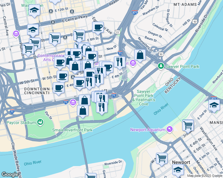 map of restaurants, bars, coffee shops, grocery stores, and more near East 3rd Street in Cincinnati