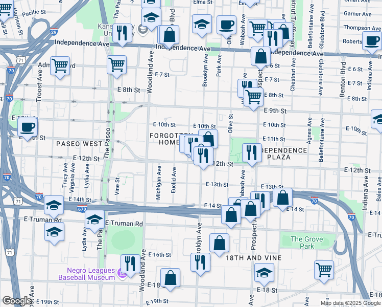 map of restaurants, bars, coffee shops, grocery stores, and more near 1119 Garfield Avenue in Kansas City