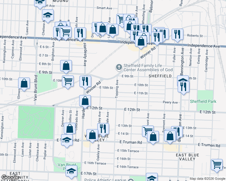 map of restaurants, bars, coffee shops, grocery stores, and more near 5632 East 11 Street in Kansas City