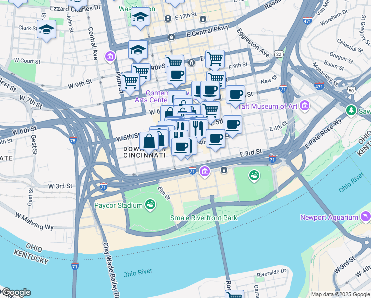 map of restaurants, bars, coffee shops, grocery stores, and more near 309 Vine Street in Cincinnati