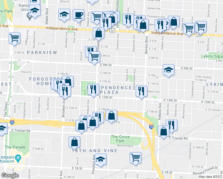 map of restaurants, bars, coffee shops, grocery stores, and more near Chestnut Ave & Peery Ave in Kansas City