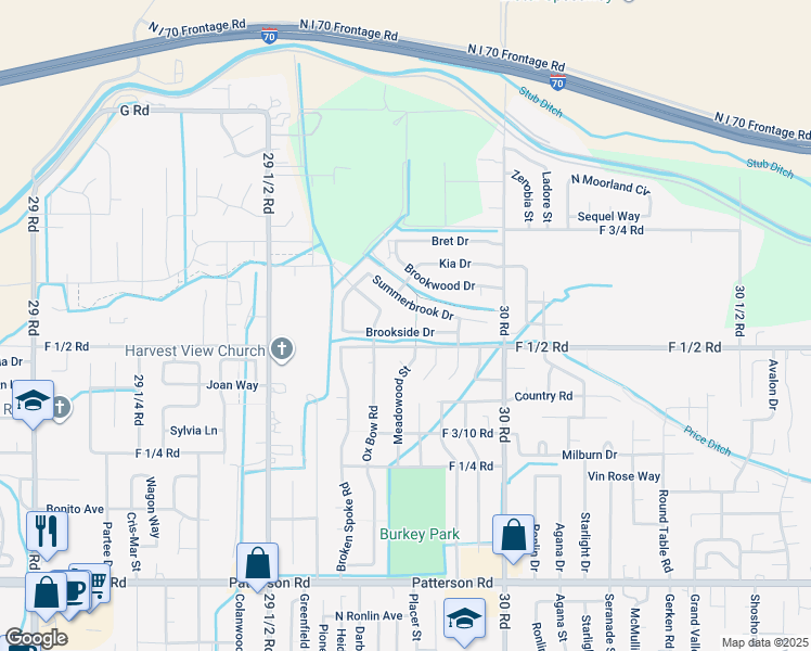 map of restaurants, bars, coffee shops, grocery stores, and more near 2980 Brookside Drive in Grand Junction