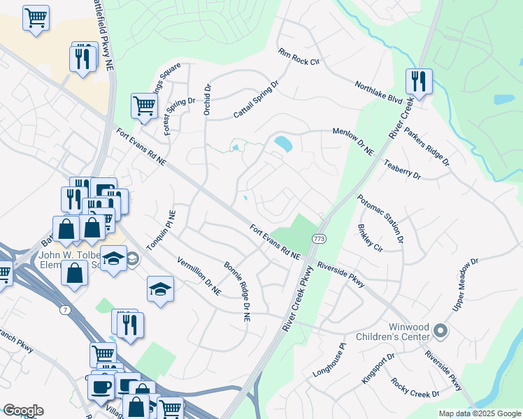 map of restaurants, bars, coffee shops, grocery stores, and more near 1528 Kinnaird Terrace Northeast in Leesburg