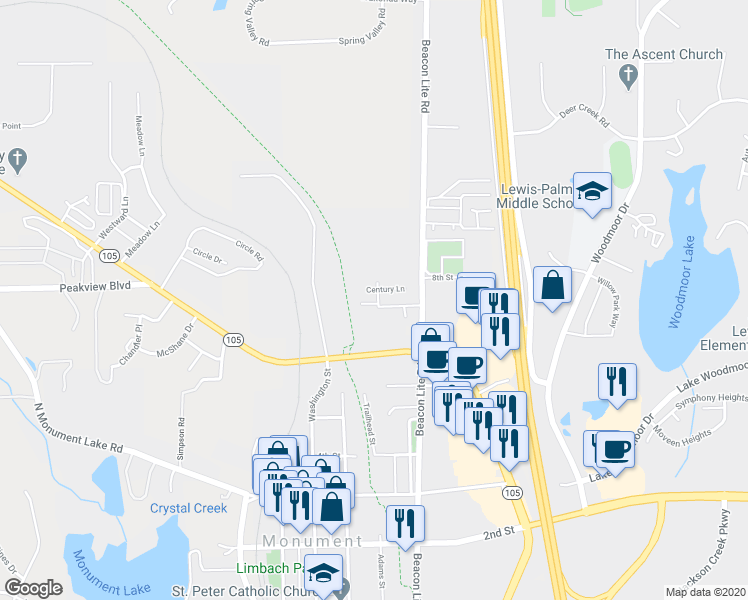 map of restaurants, bars, coffee shops, grocery stores, and more near 768 Century Place in Monument