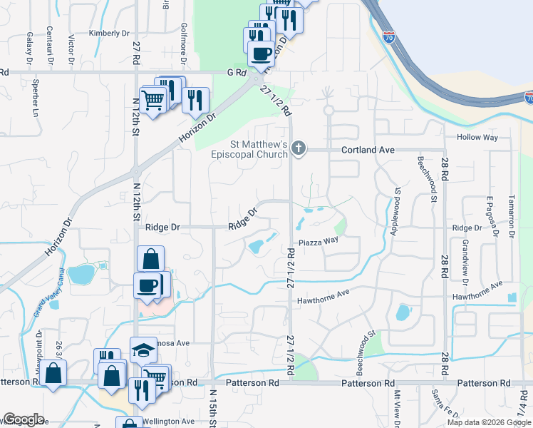 map of restaurants, bars, coffee shops, grocery stores, and more near 1745 Crest View Drive in Grand Junction
