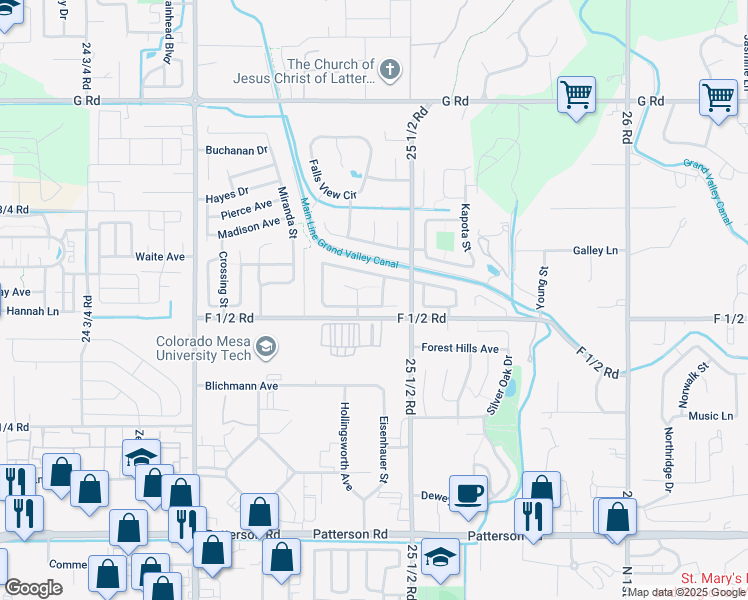 map of restaurants, bars, coffee shops, grocery stores, and more near 2537 Shetland Court in Grand Junction