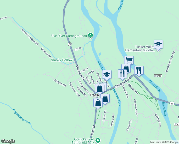 map of restaurants, bars, coffee shops, grocery stores, and more near 307 Main Street in Parsons