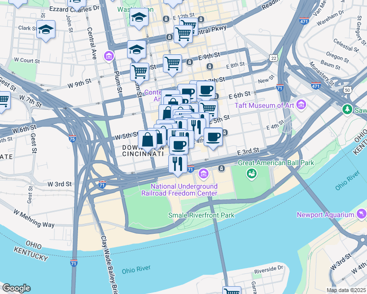map of restaurants, bars, coffee shops, grocery stores, and more near 309 Vine Street in Cincinnati