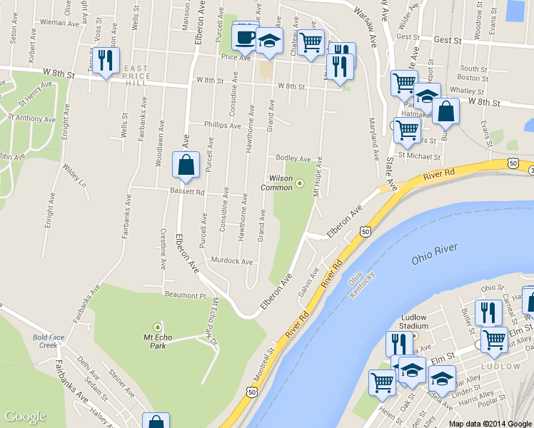 map of restaurants, bars, coffee shops, grocery stores, and more near 444 Grand Avenue in Cincinnati
