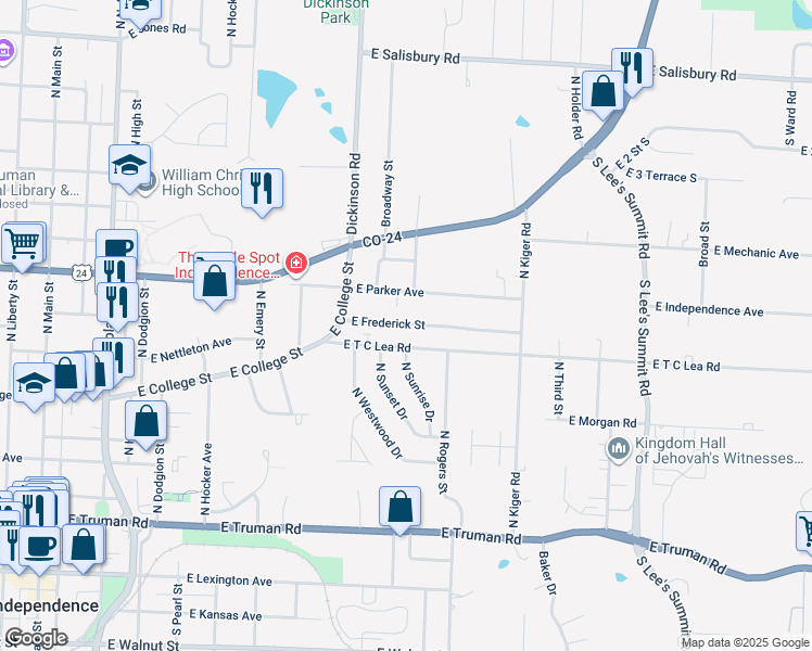 map of restaurants, bars, coffee shops, grocery stores, and more near 731 North Sunrise Drive in Independence