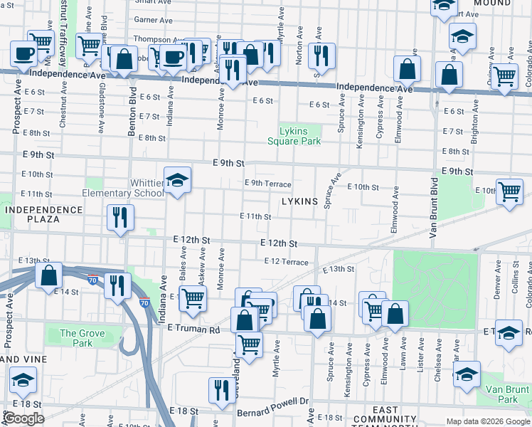 map of restaurants, bars, coffee shops, grocery stores, and more near 1112 Myrtle Avenue in Kansas City