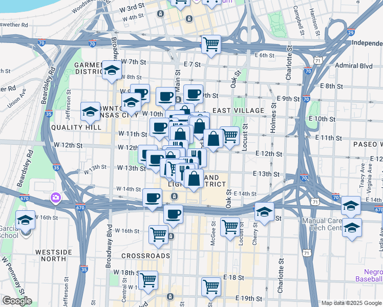map of restaurants, bars, coffee shops, grocery stores, and more near 10 East 13th Street in Kansas City