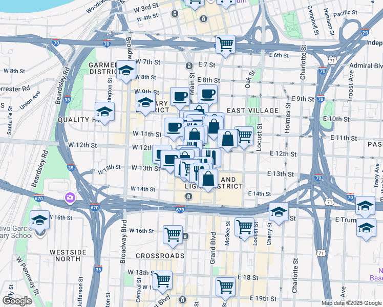 map of restaurants, bars, coffee shops, grocery stores, and more near 10 East 13th Street in Kansas City