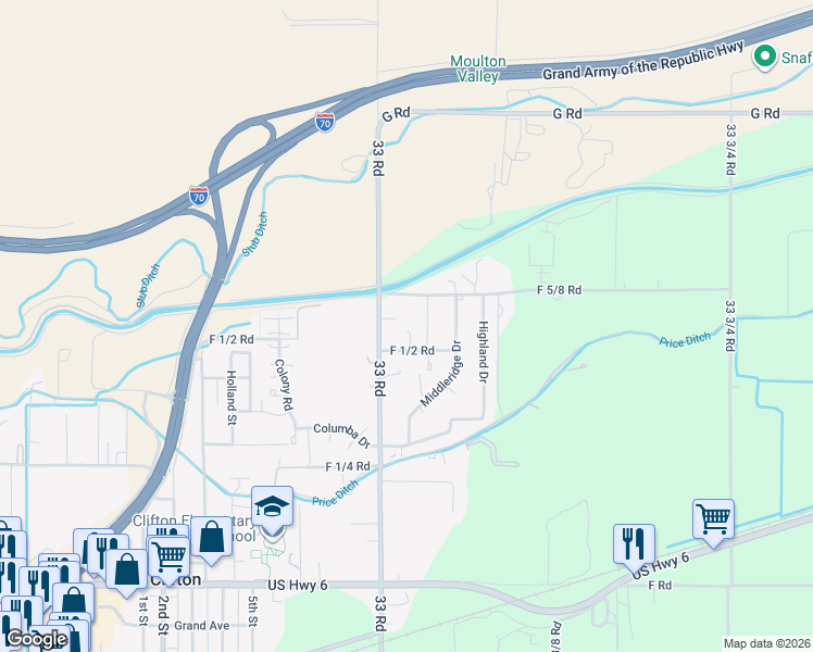 map of restaurants, bars, coffee shops, grocery stores, and more near 3306 F 1/2 Road in Clifton