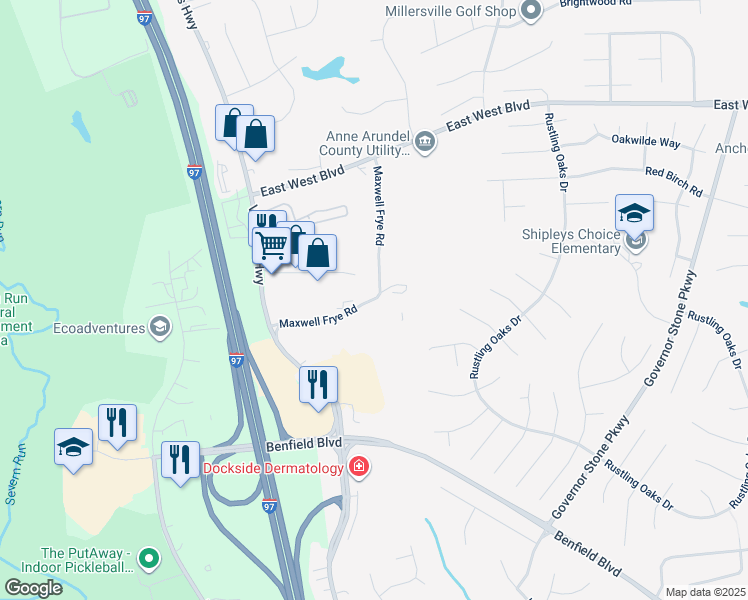 map of restaurants, bars, coffee shops, grocery stores, and more near 437 Maxwell Frye Road in Millersville