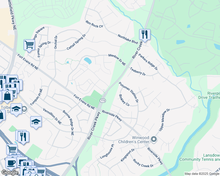 map of restaurants, bars, coffee shops, grocery stores, and more near River Creek Parkway in Loudoun County