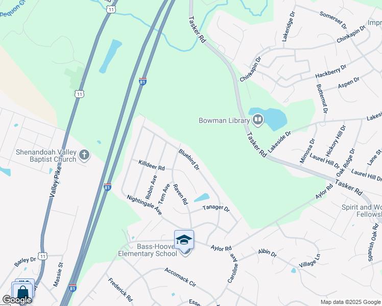 map of restaurants, bars, coffee shops, grocery stores, and more near 234 Bluebird Drive in Stephens City