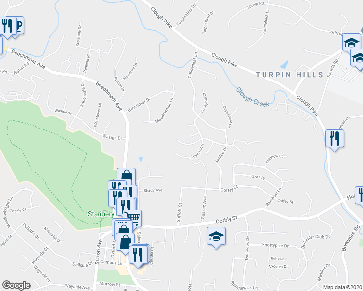 map of restaurants, bars, coffee shops, grocery stores, and more near 2430 Cardinal Hill Court in Cincinnati