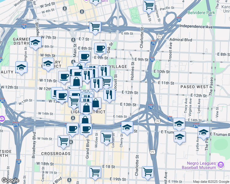map of restaurants, bars, coffee shops, grocery stores, and more near 498 E 12 St in Kansas City